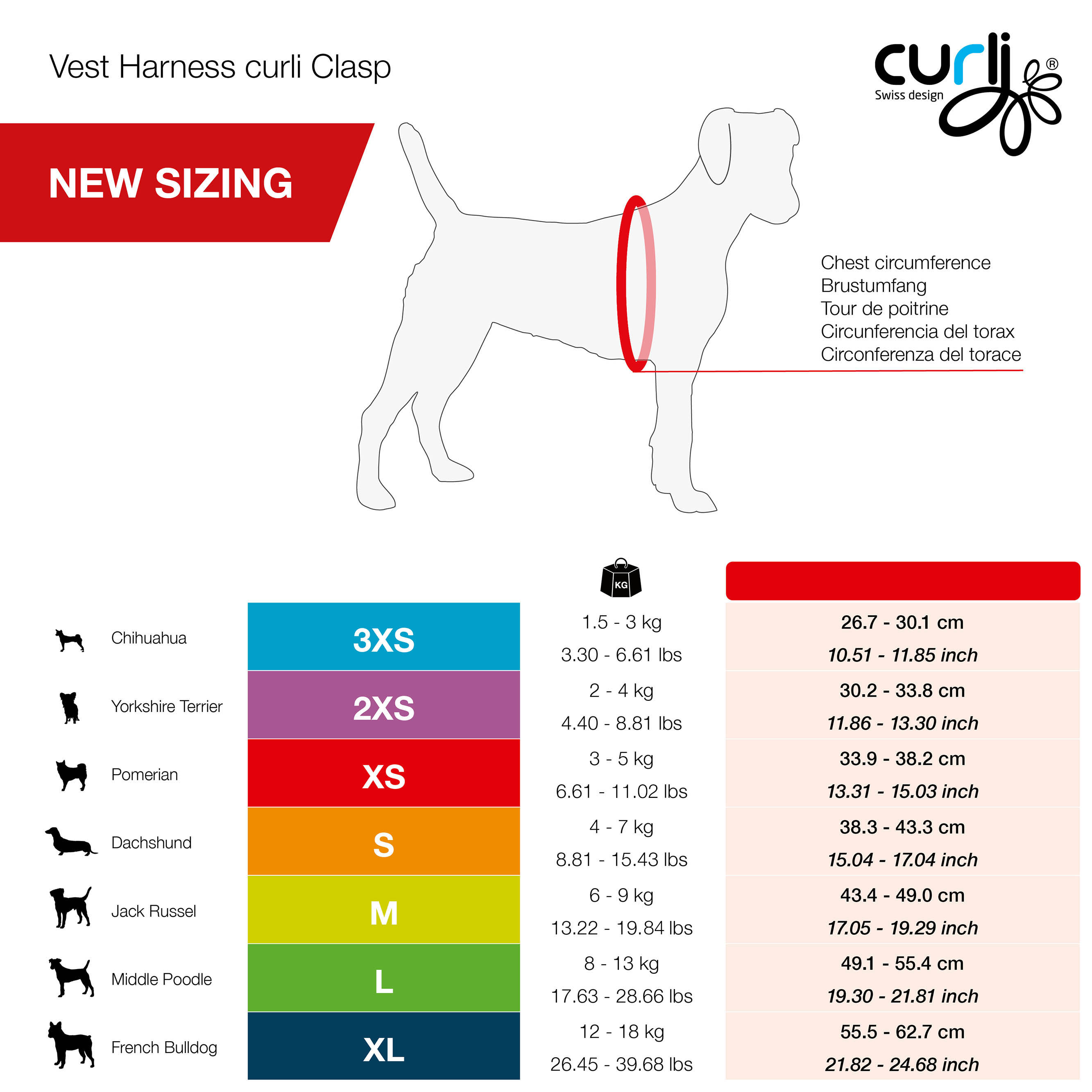 curli Vest Harness curli Clasp Size Chart - CURLI VEST HARNESS CLASP AIR-MESH RED 3XS